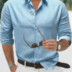 Men's shirt button-up shirt summer shirt blue long-sleeved polka dot lapel outdoor streetwear fashion casual comfortable S-5XL