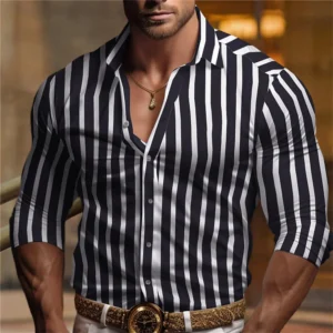 2024 New Men's Long sleeved Polo Neck Button Up Shirt Solid Stripe Printed Shirt Soft and Comfortable Muscle Men's Top s-6XL