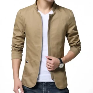 Mens Casual Men Autumn Solid Color Stand Collar Zipper Pockets Thin Slim Coat Slim Suit Jacket Gentlemen Blazer