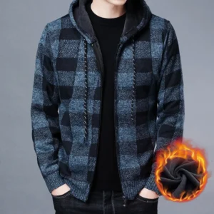Men Sweater Jacket Fashion Winter Coat Fleece Hoodies High Quality Luxury Checkered Hooded Knit Cardigan Lumberjack Outer Wear