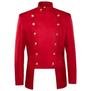 Men'S Red Double Breasted Suit Blazer Jacket Steampunk Slim Stand Collar Tailcoat Victorian Gothic Frock Coat Halloween Costume